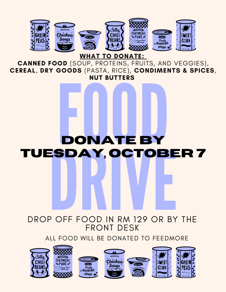 Food Drive Flyer asks for dry goods, cans, and healthy snacks to be donated to Feed More.