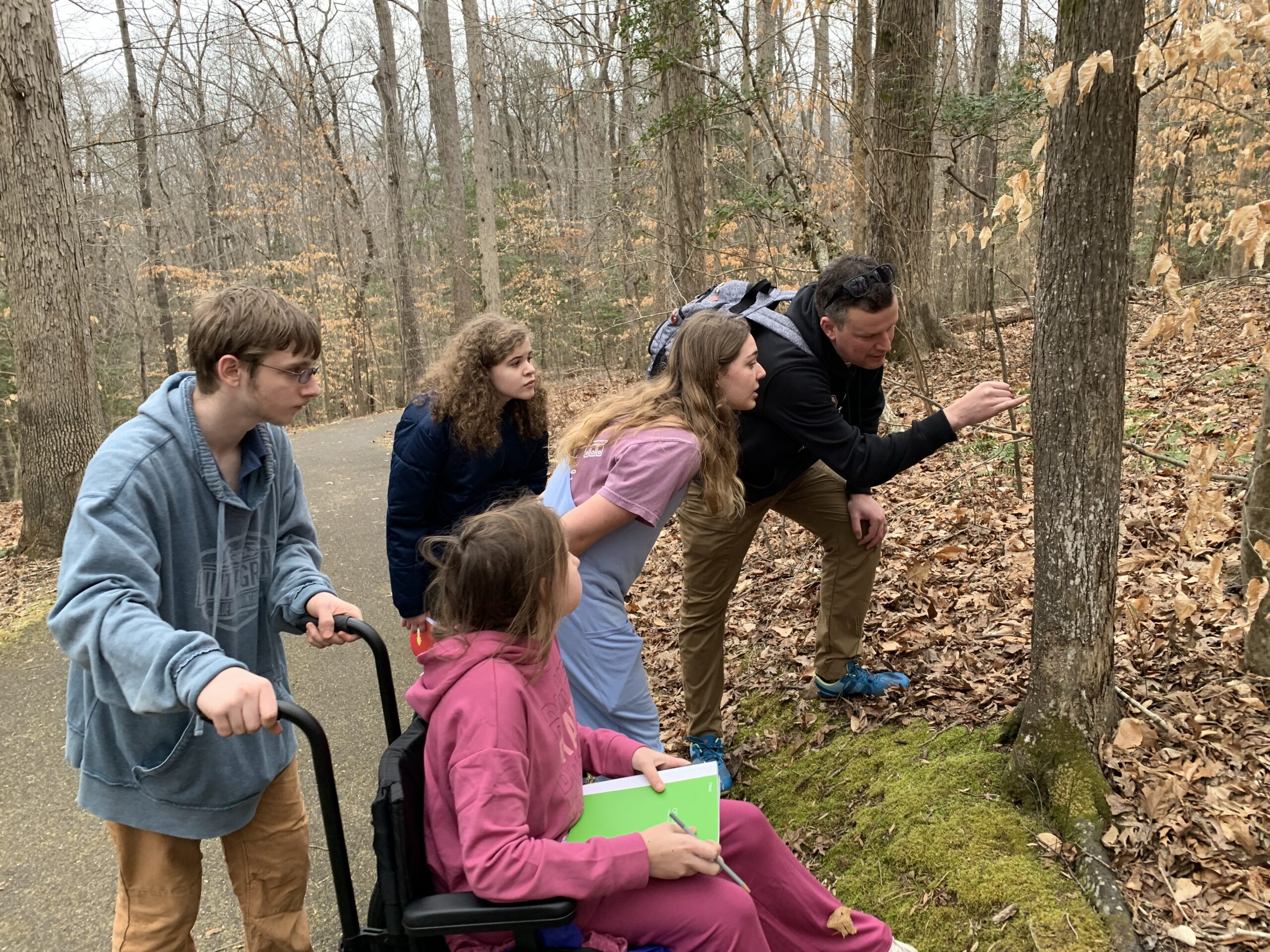 Students on a field trip investigate an insect on a tree.